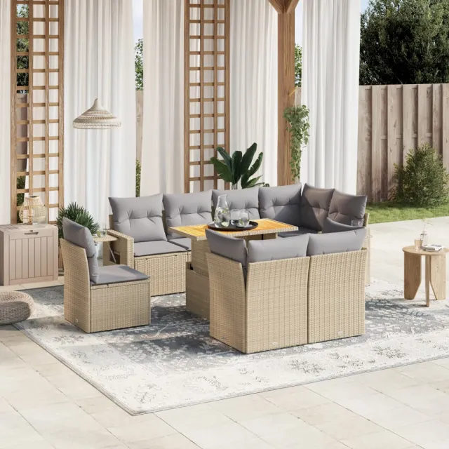 vidaXL 9-delige Loungeset met kussens poly rattan beige, foto 2