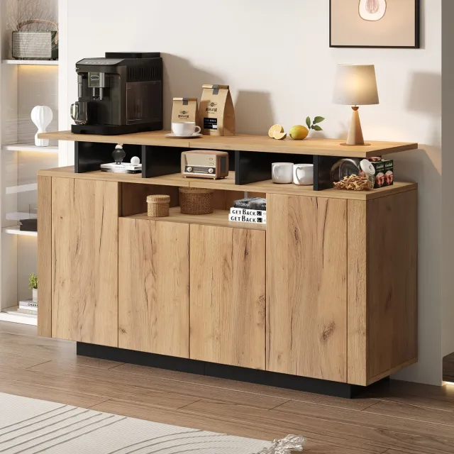 MEUNIQ dressoir sideboard 140 x 40 x 85 cm met 4 deuren en 3 open vakken voor woonkamer, hal of kantoor, naturel met zwarte accenten Natural