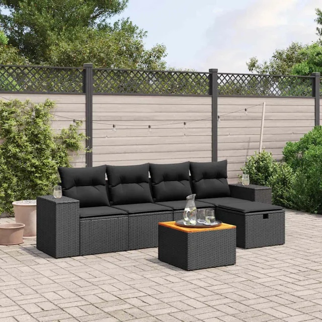 vidaXL 6-delige Loungeset met kussens poly rattan zwart, foto 2