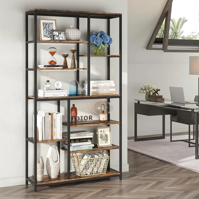Tribesigns Boekenkast - Boekenrek met 8 Planken - Industrieel - Spaanplaat - Bruin/Zwart - 100 x 30 x 200 cm