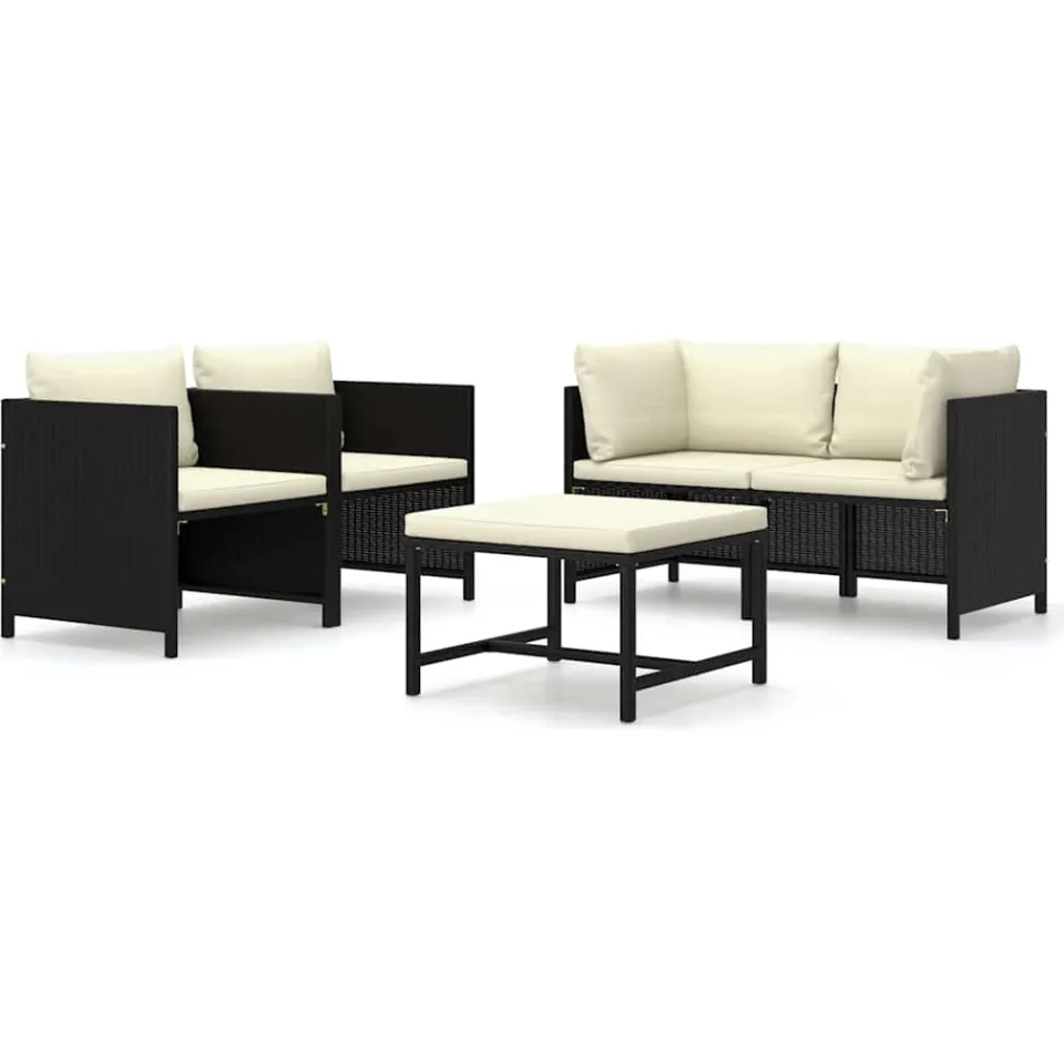 vidaXL 5-delige Loungeset met kussens poly rattan zwart