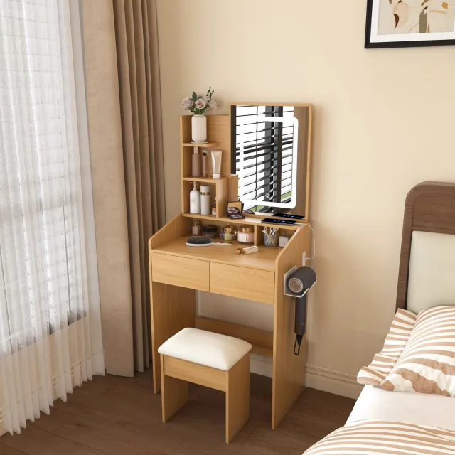 CHICFURN Kaptafel - LED-spiegel - 2 lades - natuurlijke houtkleur naturel hout