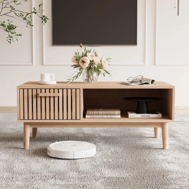 Yelenaro Rechthoekige salontafel van natuurlijk hout, Met lades en open opbergruimte, Verticale strepen met opengewerkte details, Salontafels voor de woonkamer, 100x50x43cm houtkleur