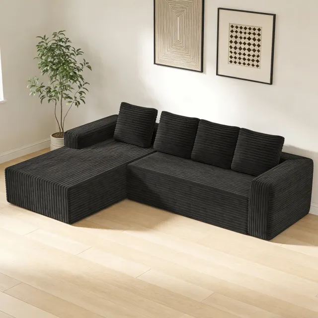 MEUNIQ L-vormige hoekbank 261 x 168 x 58 cm, modulaire 4-zits bank met chaise rechts, zwart corduroy voor woonkamer en slaapkamer