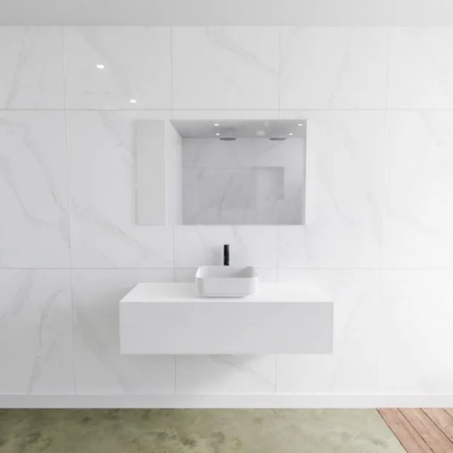 Mondiaz Badkamermeubelset Mondiaz LAGOM 120 cm met Topblad Gecentreerde Wastafel Solid Surface Opzetkom Binx Met 1 Kraangat Mat Wit (1 lade)