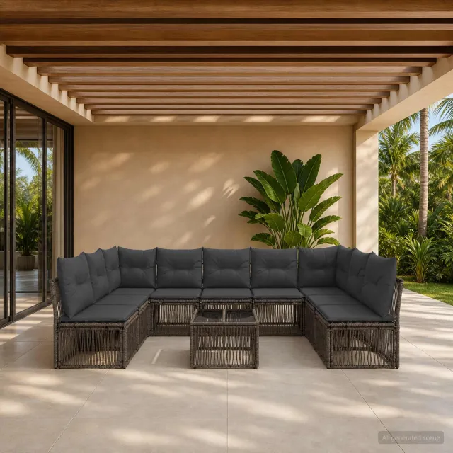 vidaXL Tuinbankenset 10 st 9-zits Grijs poly rattan, foto 2