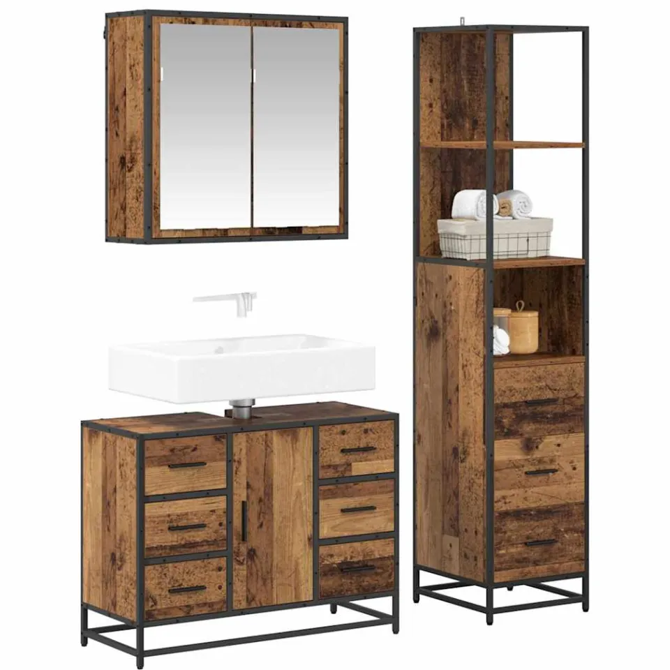 vidaXL Badkamermeubelset 3 st Oud Hout 80 x 33 x 60 cm Bewerkt hout Bruin