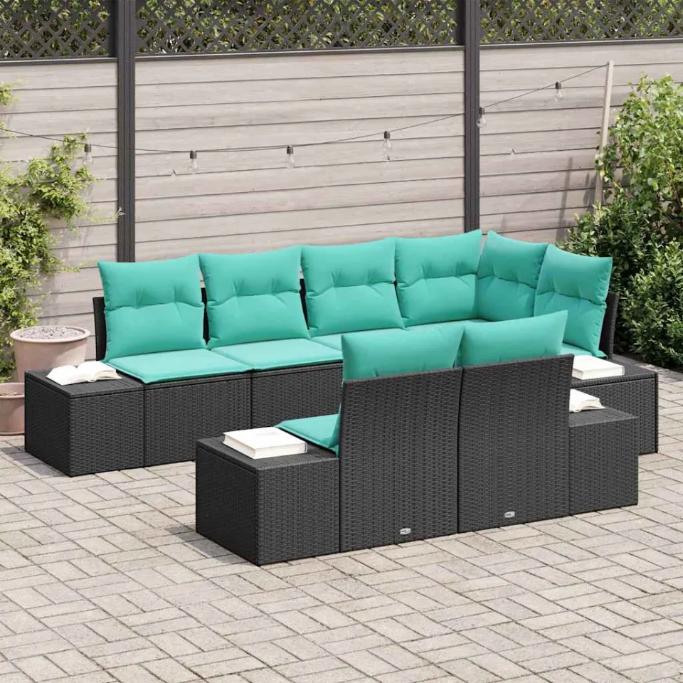 vidaXL Tuinbankenset 7 st Zwart en Turquoise poly rattan, foto 3