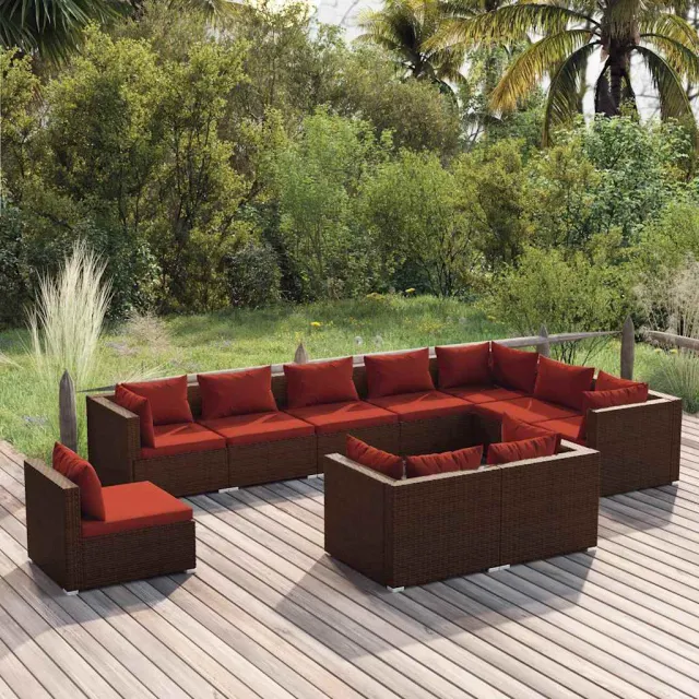 vidaXL 10-delige Loungeset met kussens poly rattan bruin, foto 2