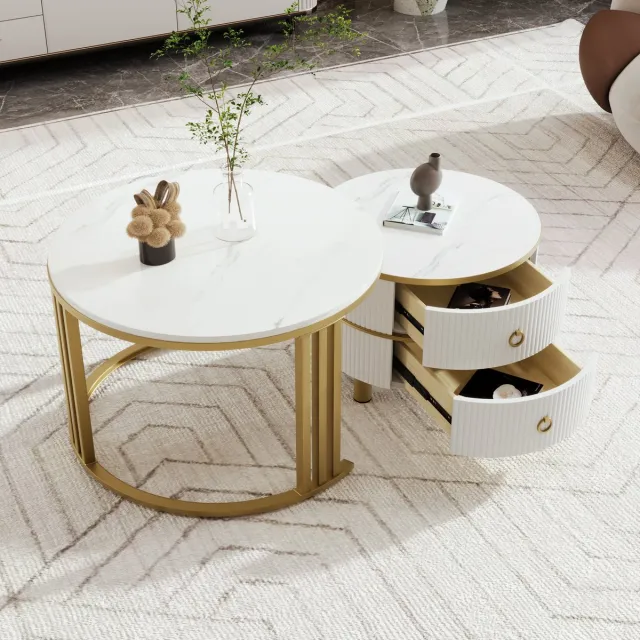 Wishdor Set van 2 salontafels 70x70x46 + 50x50x40 cm van MDF en metaal, marmerlook hoogglans, met 2 lades Wit
