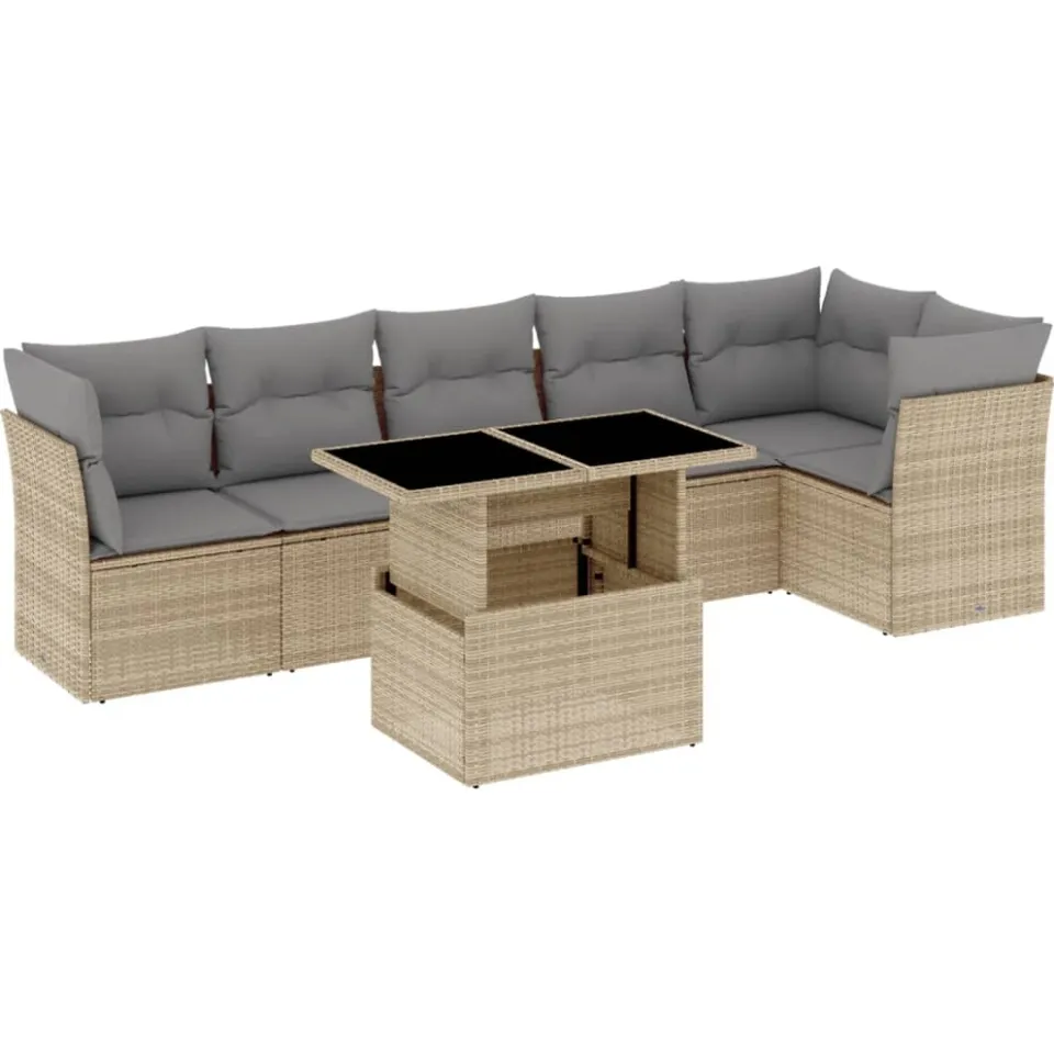 vidaXL 7-delige Loungeset met kussens poly rattan beige, foto 3