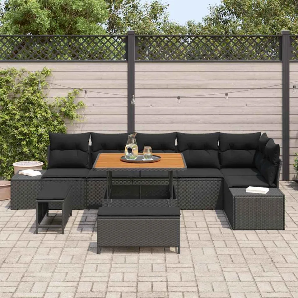 vidaXL Tuinbankenset 9 st Zwart poly rattan, foto 3