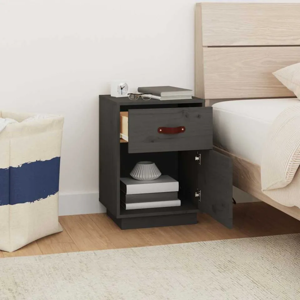 vidaXL Nachtkastjes 2 st 40x34x55 cm massief grenenhout grijs, foto 3