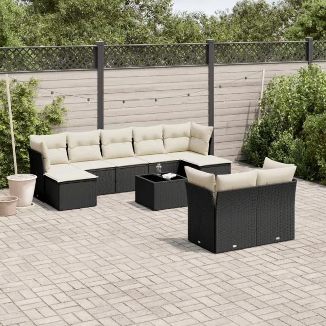 vidaXL 10-delige Loungeset met kussens poly rattan zwart, foto 2