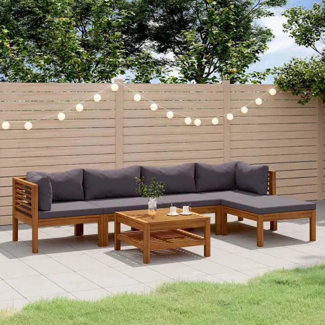 vidaXL 6-delige Loungeset met kussens massief acaciahout grijs, foto 2