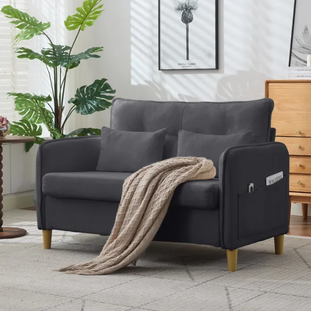 COVREO 2-zits bank 127 cm donkergrijs chenille met armleuningen en zijvakken