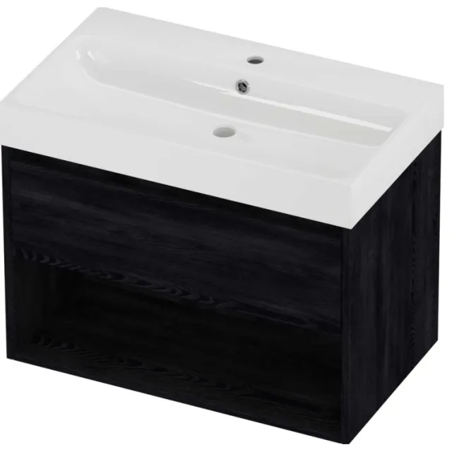 Proline Podium Badmeubelset Polystone Loft 1 Kraangat Met Schap 80x46x62 cm Glans Wit Black Oak Eiken