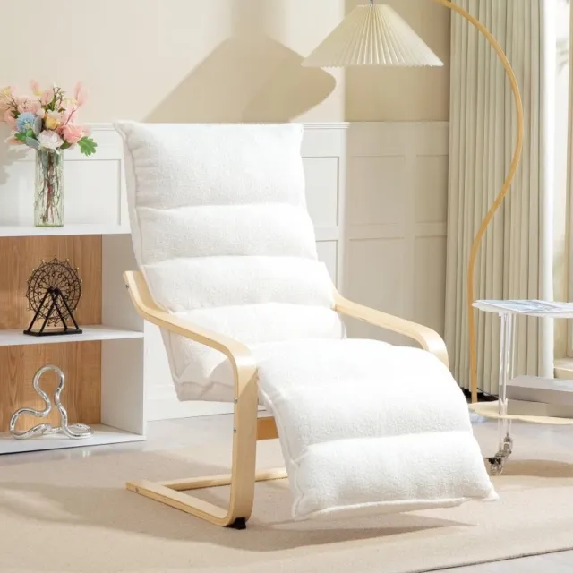 MEUNIQ fauteuil met verstelbare voetensteun en armleuningen, schommelstoel voor woonkamer of leeshoek, Sherpa-fleece, hoge rugleuning, wit