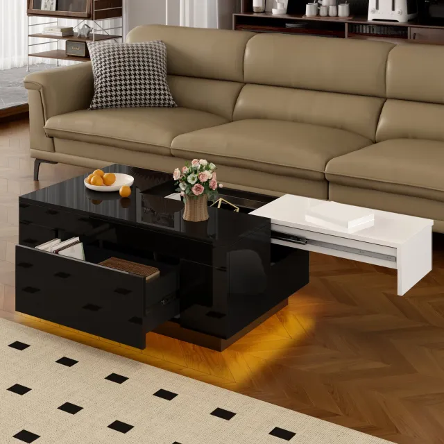 Maisentiel Salontafel 80 x 50 cm met LED, uitschuifbaar, hoogglans MDF, zwart/wit