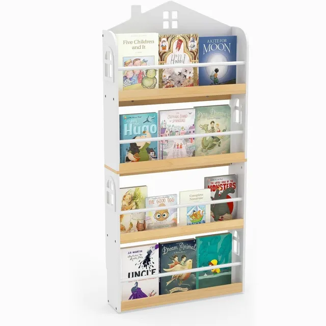 KOMFOTTEU Houten kinderboekenkast in huisvorm – Opbergmeubel met 4 niveaus en metalen stangen – Kantelbeveiliging – Voor kinderkamers, speelkamers en klaslokalen – Wit