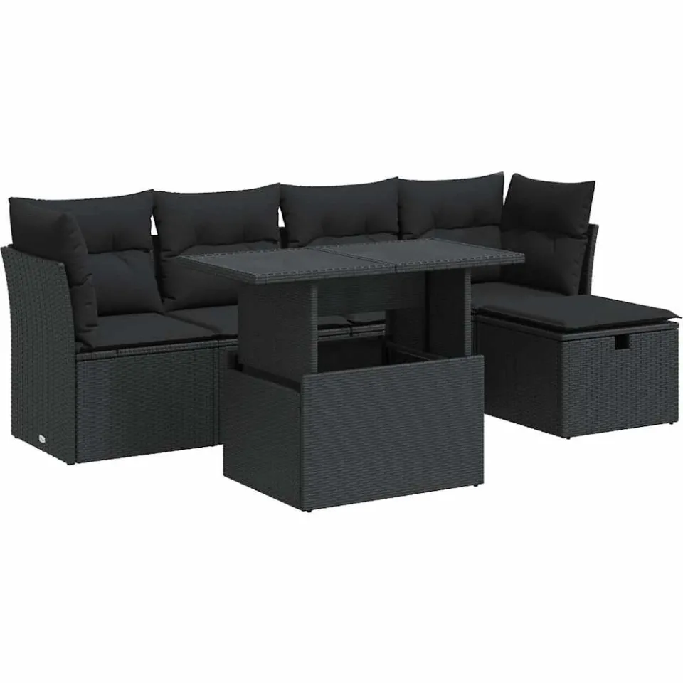 vidaXL 6-delige Loungeset met kussens poly rattan zwart, foto 3