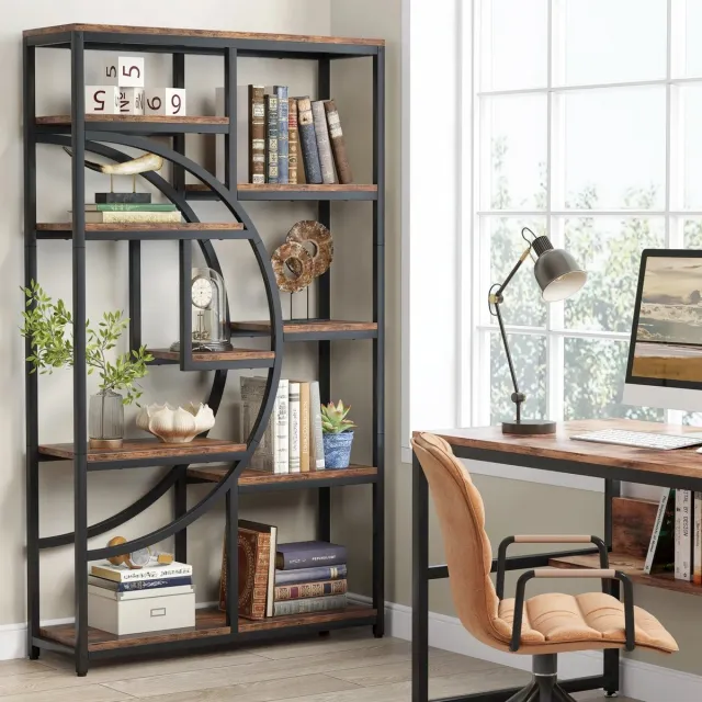 Questyr Industriële Boekenplank - 5 Tier Etagere Boekenkast - Vrijstaande Hoge Boekenplanken - Display Plank Opslag Organizer zwart / donker bruin