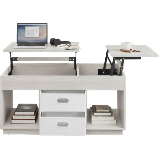 Vasagle Salontafel - Bijzettafel - Met Verhoogbaar Blad - 2 Lades - Verborgen Opbergvakken - Open Opbergruimte Beige