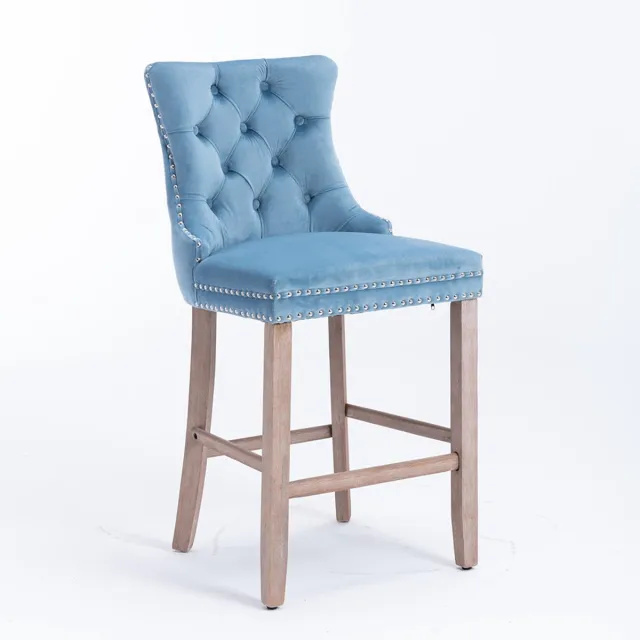 Pugsdrly Eigentijdse barstoelen bekleed met fluweel met capitons en houten poten, verchroomde spijkerversiering, barstoelen in casual stijl, barstoelen, set van 2 (lichtblauw), DE2002LB