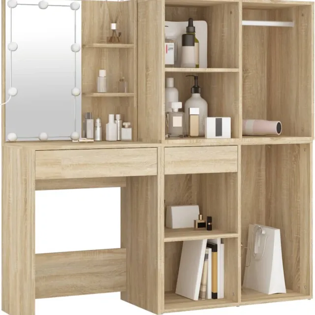 GranMaison Kaptafel met spiegel en verlichting - Make up tafel - Make up - Toilettafel -Met lades - Kaptafels - Met kast - Eikenkleurig