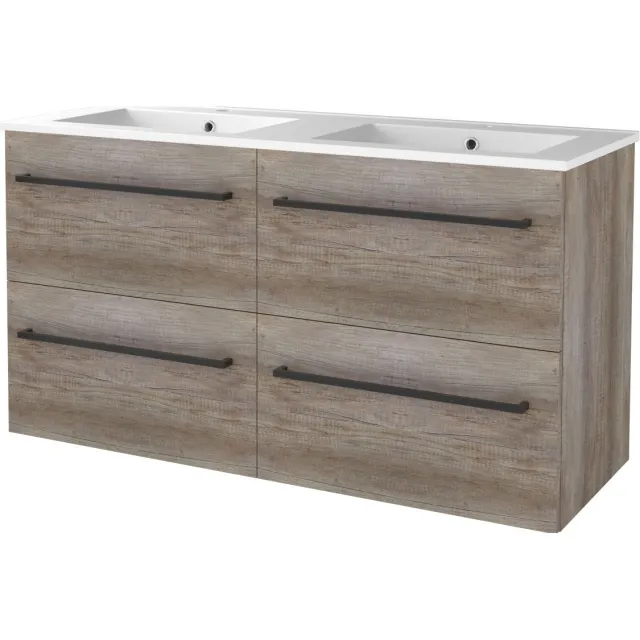 Boss & Wessing Badmeubelset BWS Salt 120x46cm Met Grepen 4 Lades Met Wastafel 2 Kraangaten Scotch Oak Bruin