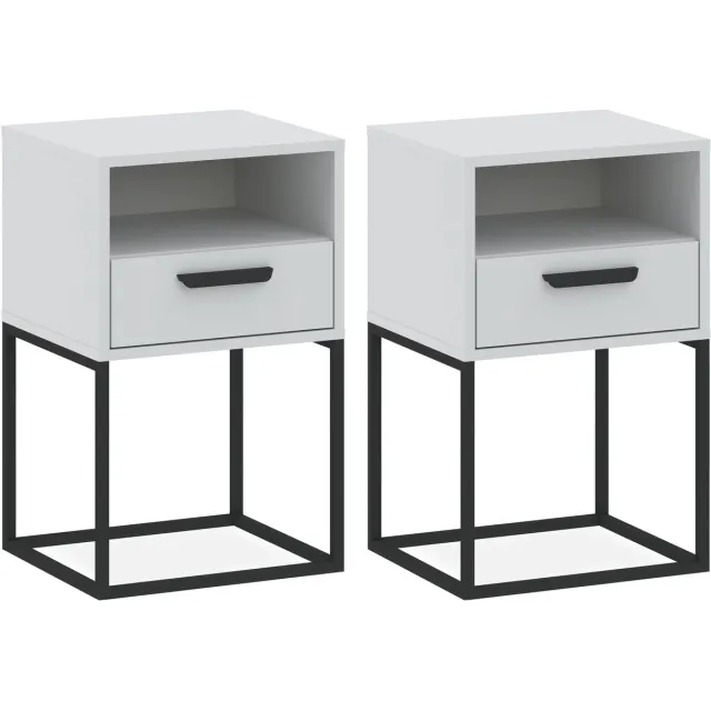 KONSIMO RECTUS Nachtkastje Set van 2 - met lade - met plank - Bijzettafeltjes (2 stuks) - Wit - 40x65x39 cm