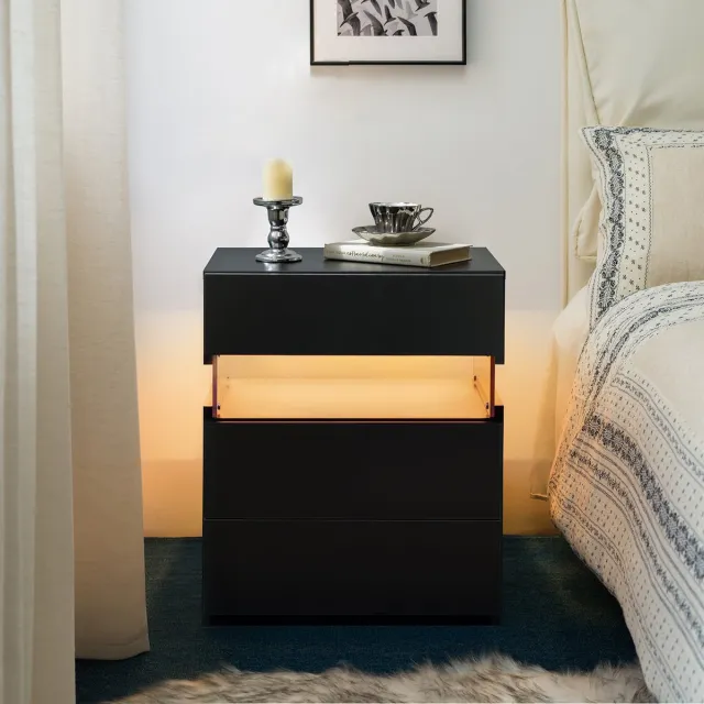 REDOM Nachtkastje met 3 Laden – RGB LED Met Afstandsbediening – Modern Design Voor Slaapkamer Naast Bed – MDF En Acryl – Zwart