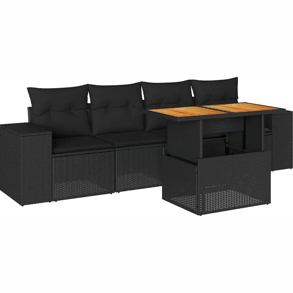 vidaXL 5-delige Loungeset met kussens poly rattan zwart, foto 3