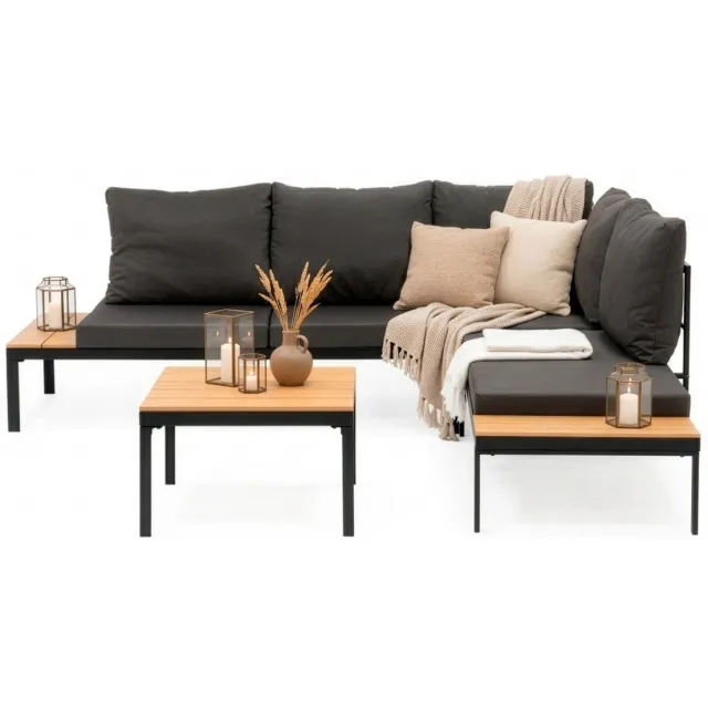 springos Tuinmeubelset - Loungeset - Tuinmeubilair - Bank - Stoelen - Tafel - Kussens - Zwart - Bruin - Staal - Hout - 150 Kg