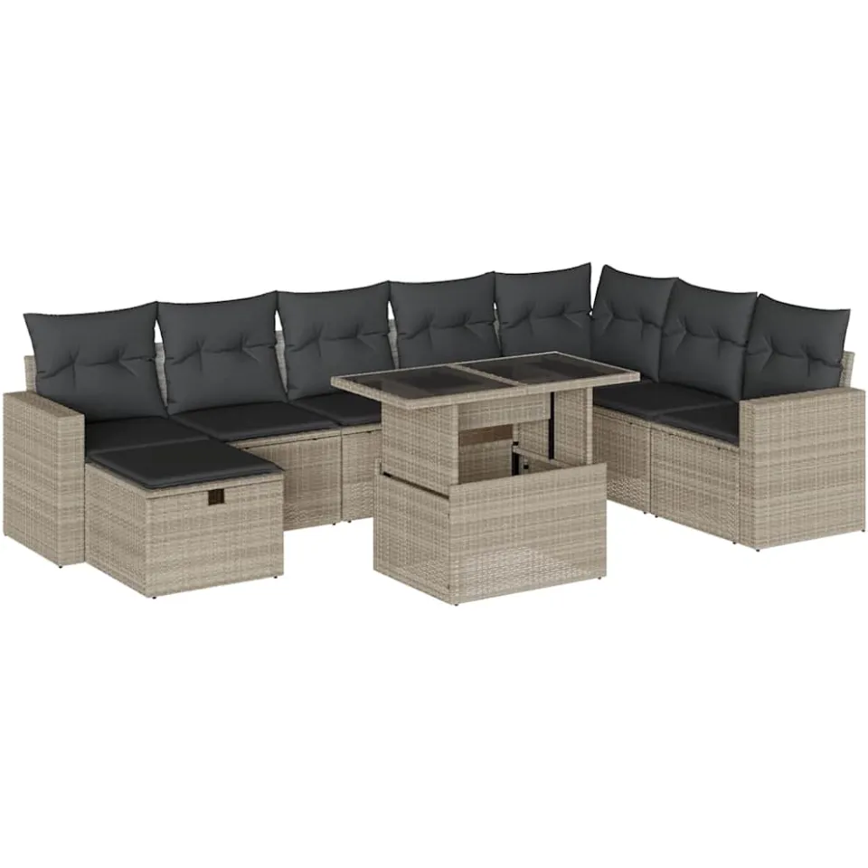 vidaXL 9-delige Loungeset met kussens poly rattan lichtgrijs grijs, foto 3