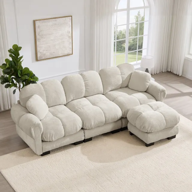 Wishdor Hoekbank - 3-zits modulair en flexibel ontwerp - Met verplaatsbare ottomane - Modern scandinavisch - Voor woonkamer - Chenille stof - Licht kaki - 260 x 149 x 90 cm Licht kaki (met 1 ottomane)