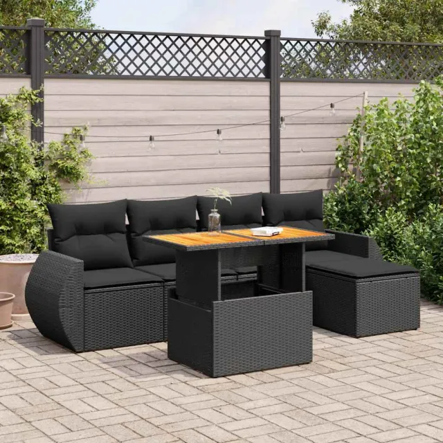 vidaXL 6-delige Loungeset met kussens poly rattan zwart, foto 2