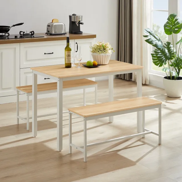 OKWISH Eettafelset Met 2 Banken Voor 4 Personen Voor Keuken En Woonkamer Spaanplaat Met Staal Natuurlijk En Wit 110x60x75 cm Natuurlijk+Wit