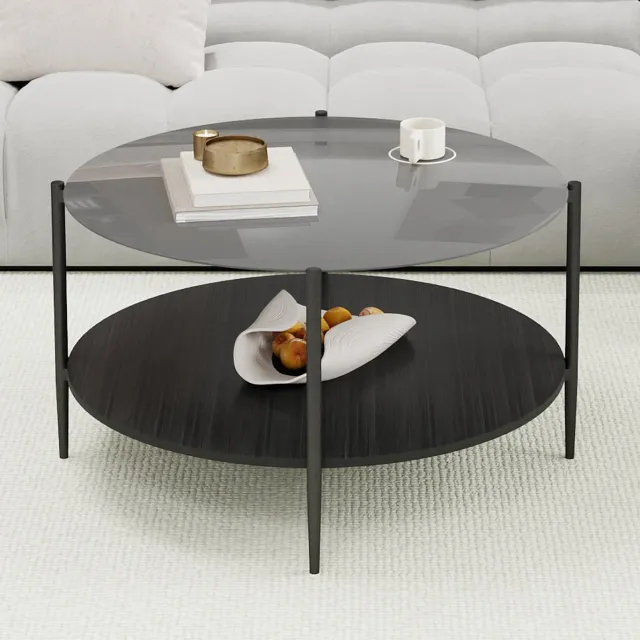 MODFU Salontafel - Rond Dubbel Niveau - Modern - Woonkamer - Glas Hout Metaal - Zwart