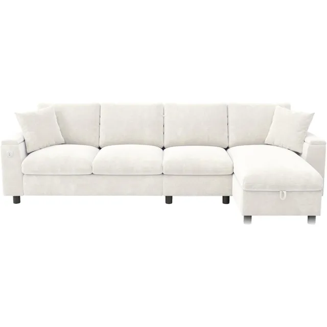 Wishdor Hoekbank Met Slaapfunctie En Opbergruimte - L-Vormig - Modern - Chenille - Beige - 280 x 137 x 84 cm