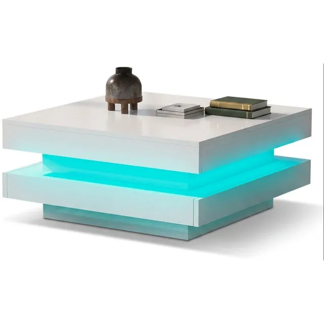 Rolipo Salontafel-Hoogglans salontafel wit – 100 x 50 x 32 cm – Glazen blad, lade en ledverlichting Wit+Natuurlijk