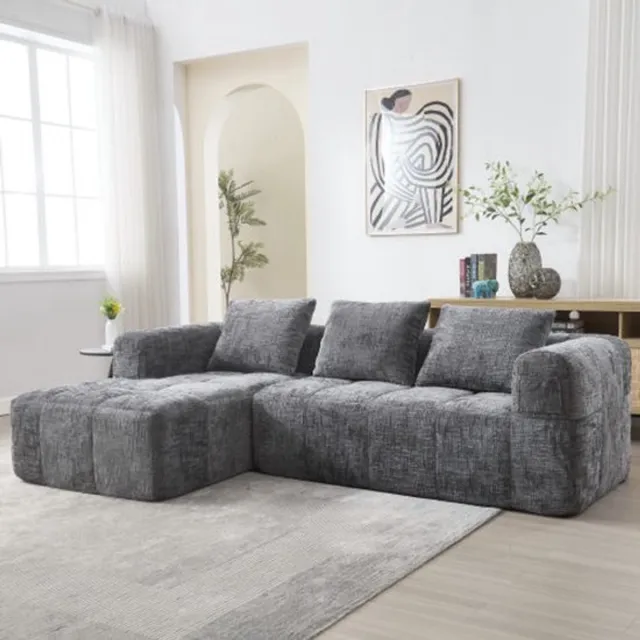 in& out door furniture Moderne hoekbank, L-vormige bank, 3-zitsbank, geen installatie vereist, chenille bank met chaise longue en armleuningen, 3 kussens, zijvak voor afstandsbediening, grijs