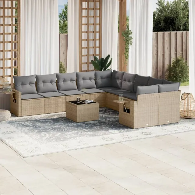 vidaXL 11-delige Tuinset met kussens poly rattan beige, foto 2