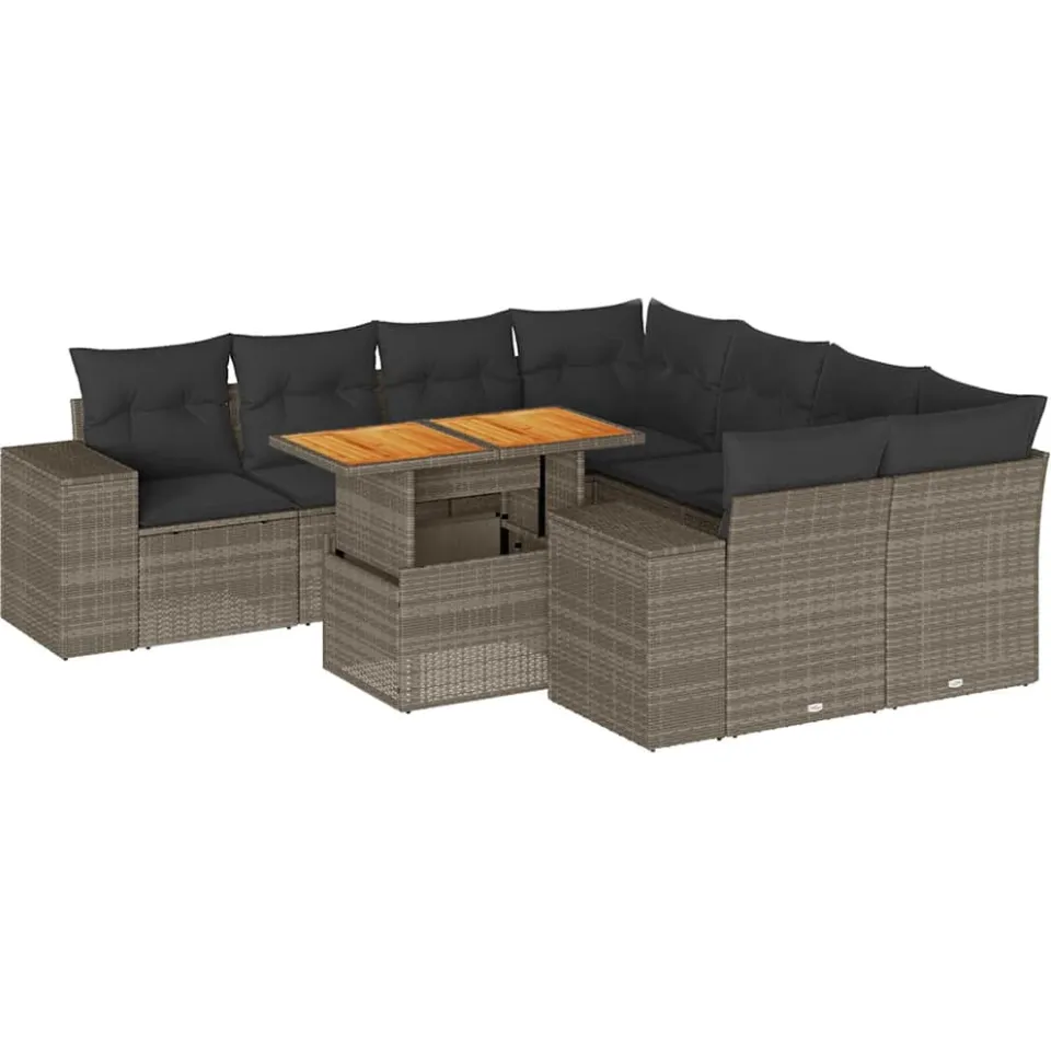 vidaXL 9-delige Loungeset met kussens poly rattan grijs, foto 3