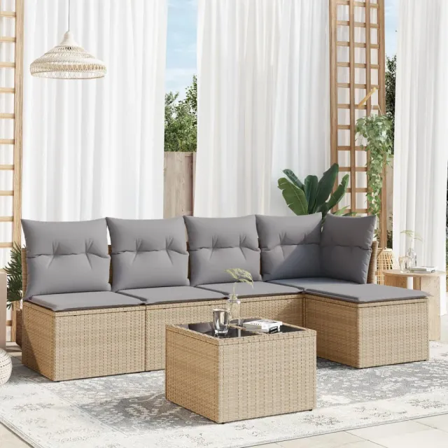 vidaXL 6-delige Loungeset met kussens poly rattan beige, foto 2