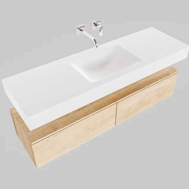 Boss & Wessing Badkamermeubel BWS Ibiza 150 cm Washed Oak Twee Soft-Close Lades Solid Surface Wastafel Mat Wit (acht varianten)