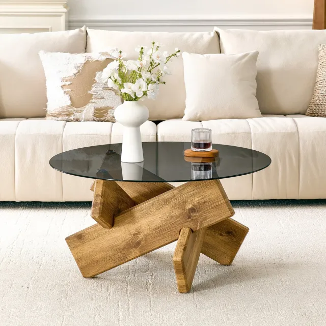 FloraGrace Salontafel - Ronde Glazen Tafel Met Geometrisch Onderstel - Modern Voor Woonkamer En Interieur - Glas En MDF - Wood - 79x79x45 Cm Houtkleur