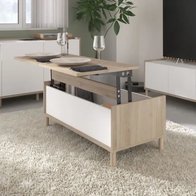 Parisot MORPHOS hefbare salontafel - B 100 x D 50 x H 43,6 cm - Rechthoekig - Wit / Eik - PARISOT