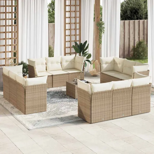 vidaXL 13-delige Loungeset met kussens poly rattan beige, foto 2