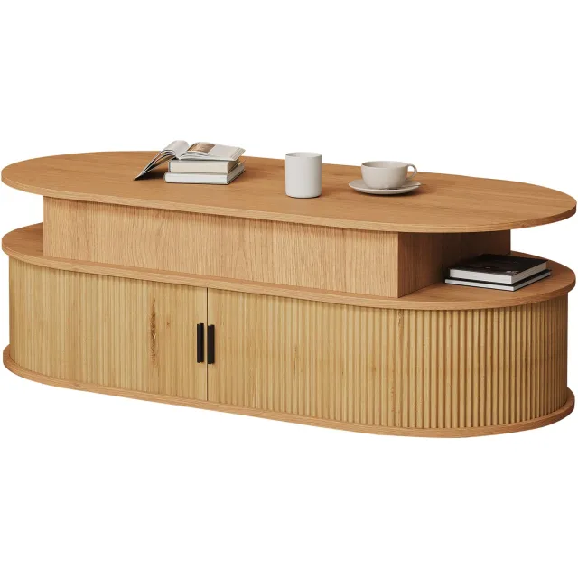 REDOM Ovale salontafel 100x50x40 cm - Verstelbaar blad en opbergruimte - Houtkleur